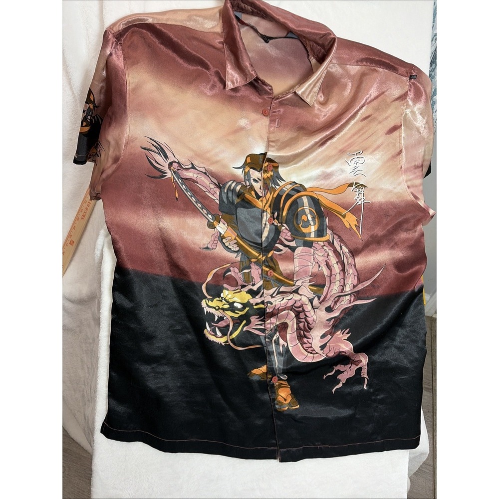 Y2K Barcode XL Mens Shirt Short Sleeve Button Down Anime Japanese Warrior Dragon